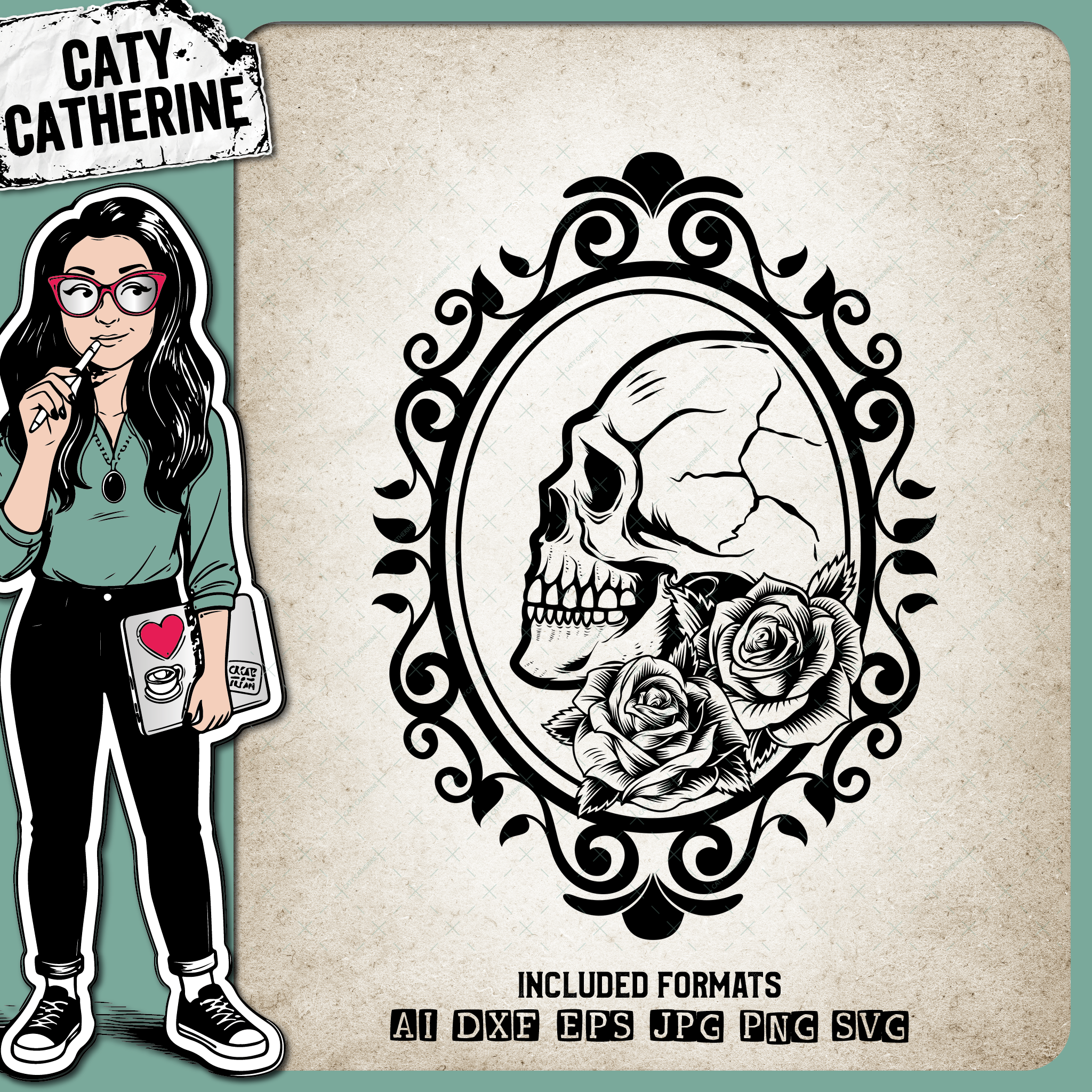 Ornate Halloween Mirror Frame with Skull & Love Hearts – SVG Design by Caty Catherine