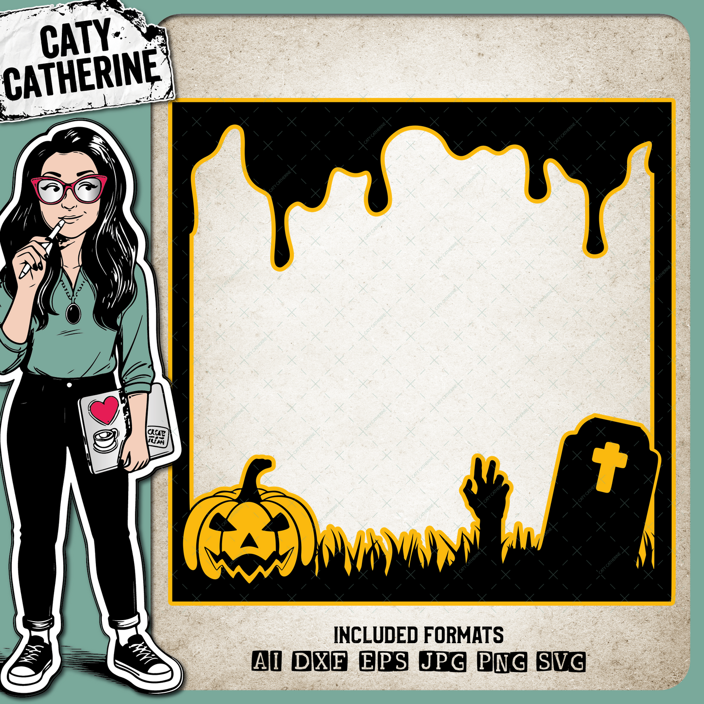 Square Halloween Clipart Photo Frame Pumpkin Grave Zombie – SVG Design by Caty Catherine