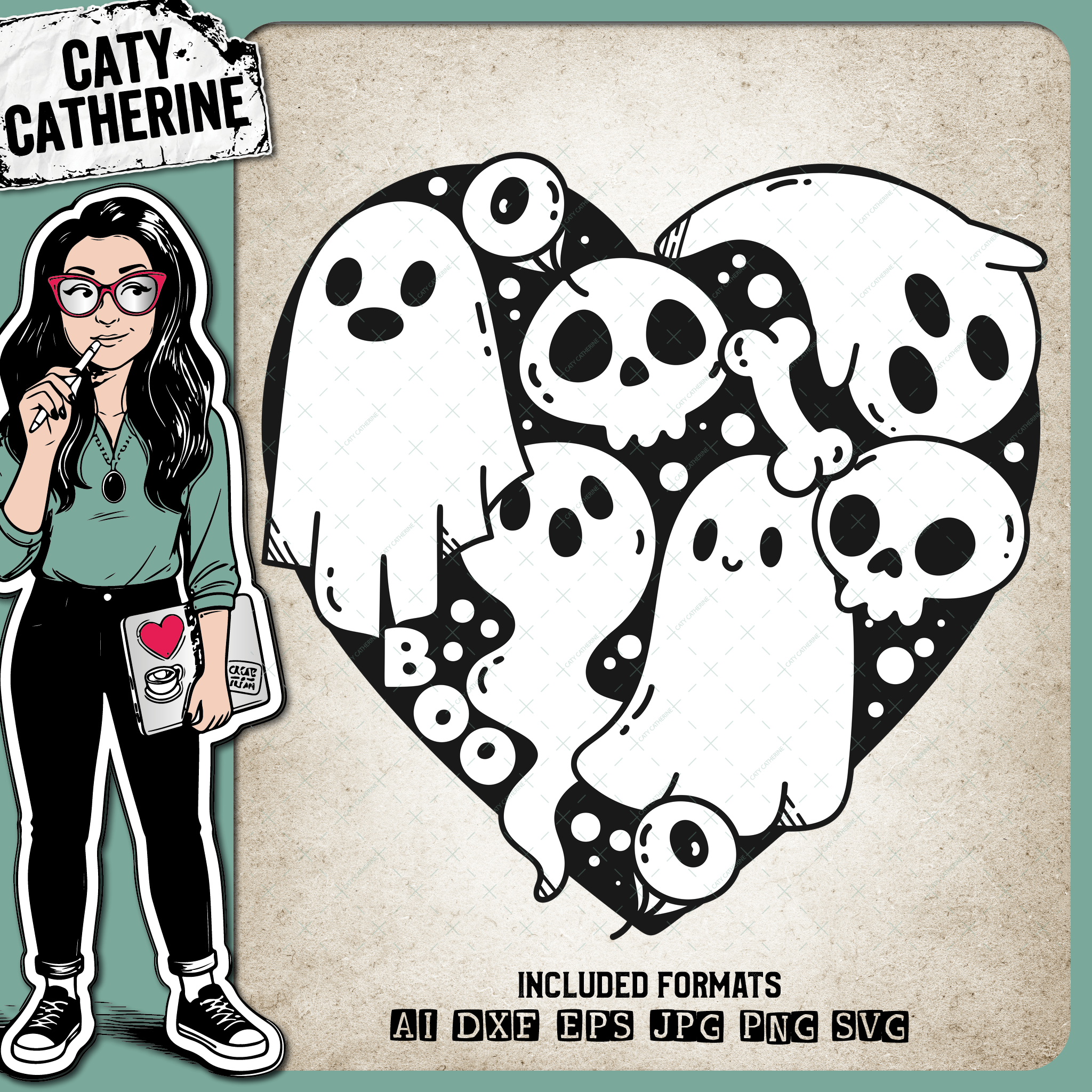 Ghost & Ghoul Halloween Love Heart – SVG Design by Caty Catherine