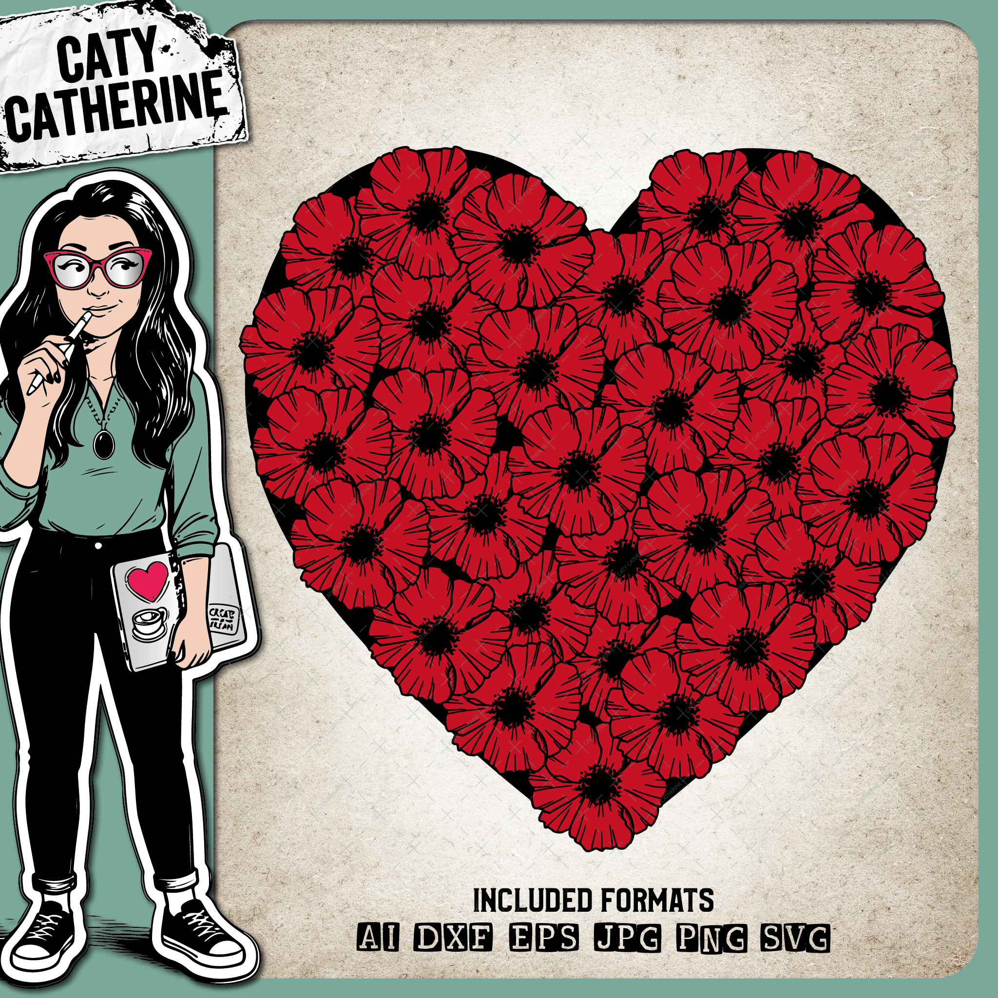 Remembrance Day Poppy Love Heart – SVG Design by Caty Catherine