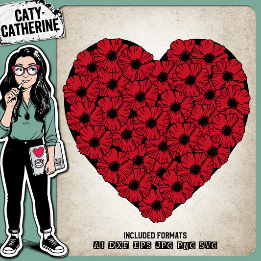 Remembrance Day Poppy Love Heart – SVG Design by Caty Catherine