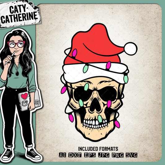 Santa Skull with Santa Hat & Christmas Lights – SVG Design by Caty Catherine