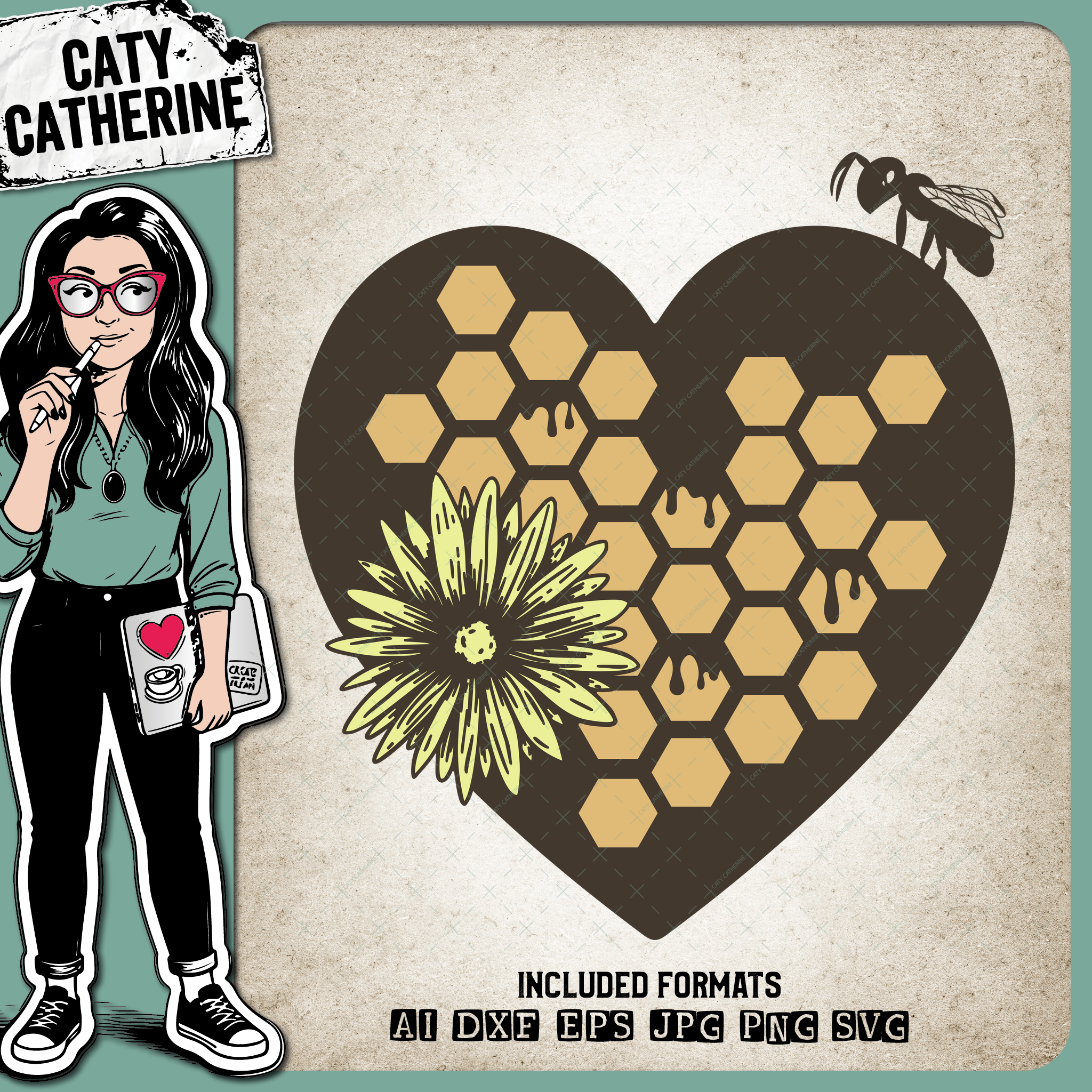 Bumble Bee Honeycomb Love Heart – SVG Design by Caty Catherine