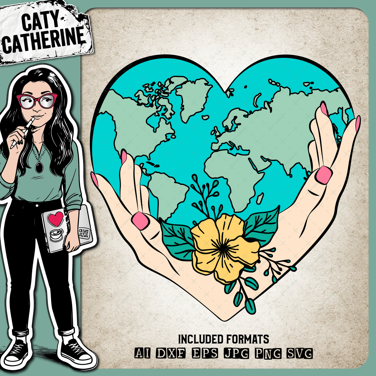 Earth Day Floral Love Heart Globe with Hands – SVG Design by Caty Catherine