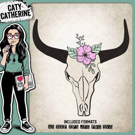 Floral Texas Longhorn Bison Skull Horns – Western SVG Design by Caty Catherine