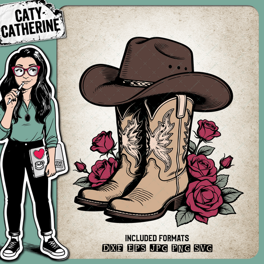 Cowboy Boots with Cowboy Hat and Flowers – Western SVG Design by Caty Catherine