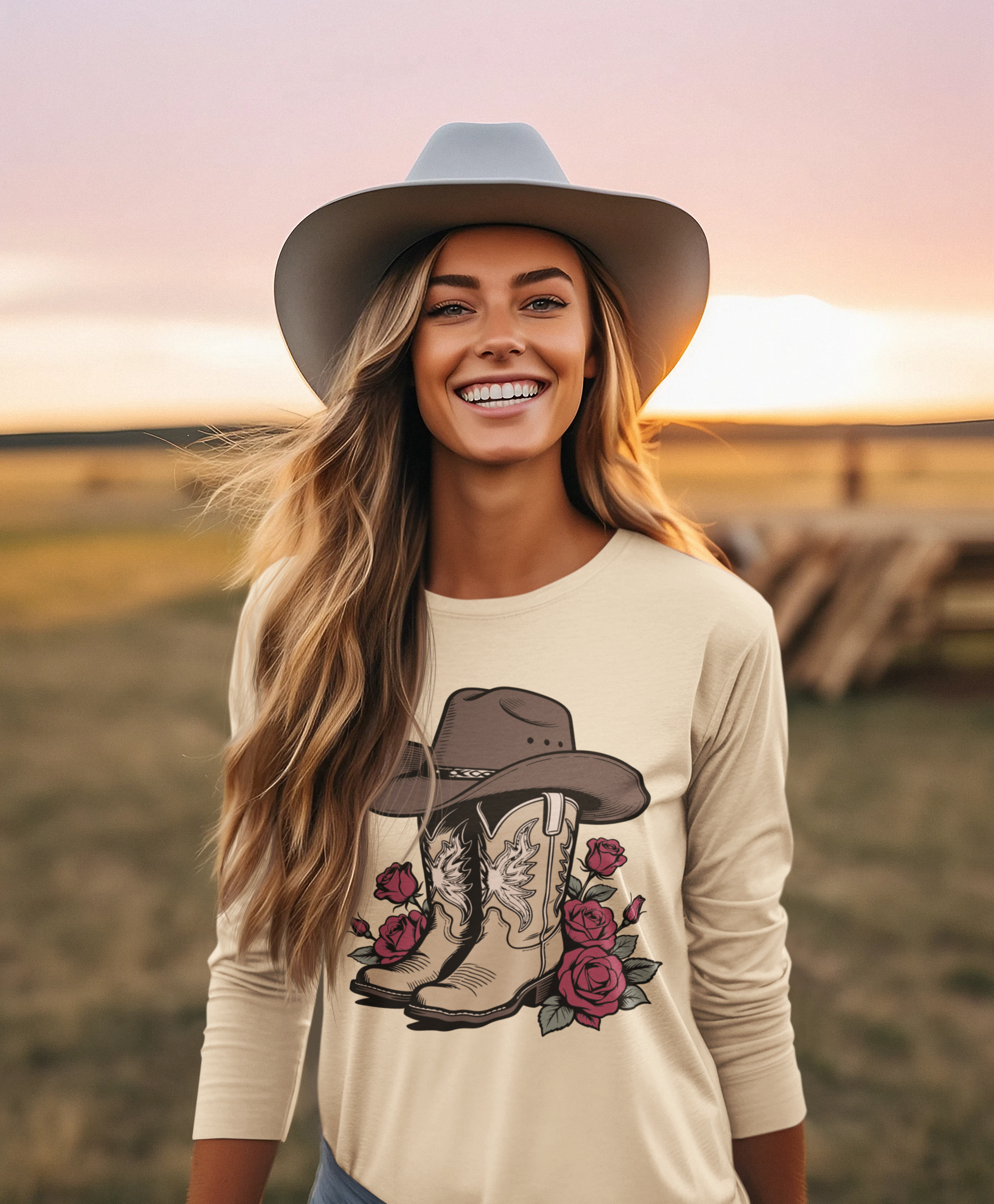 Cowboy Boots with Cowboy Hat and Flowers – Western SVG Design by Caty Catherine