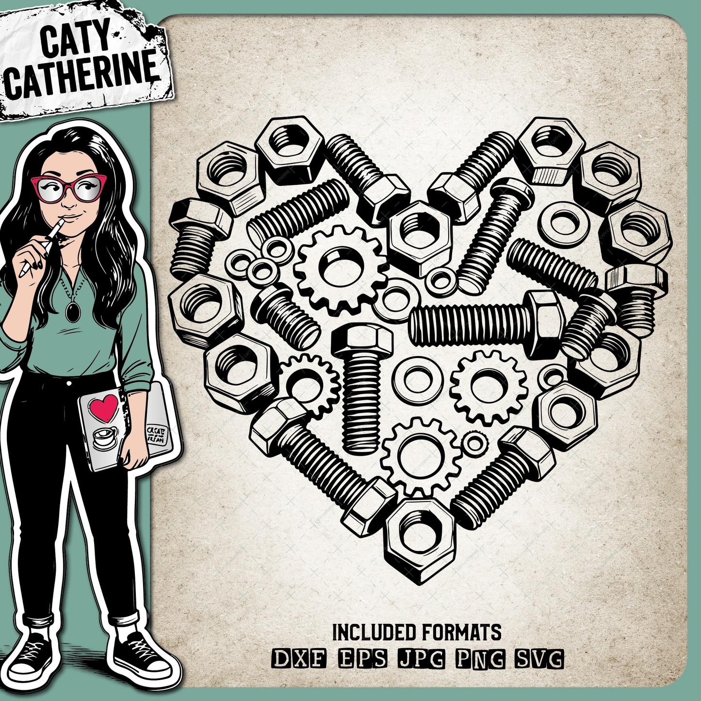Love Heart made of Nuts Bolts & Gears – SVG Design by Caty Catherine