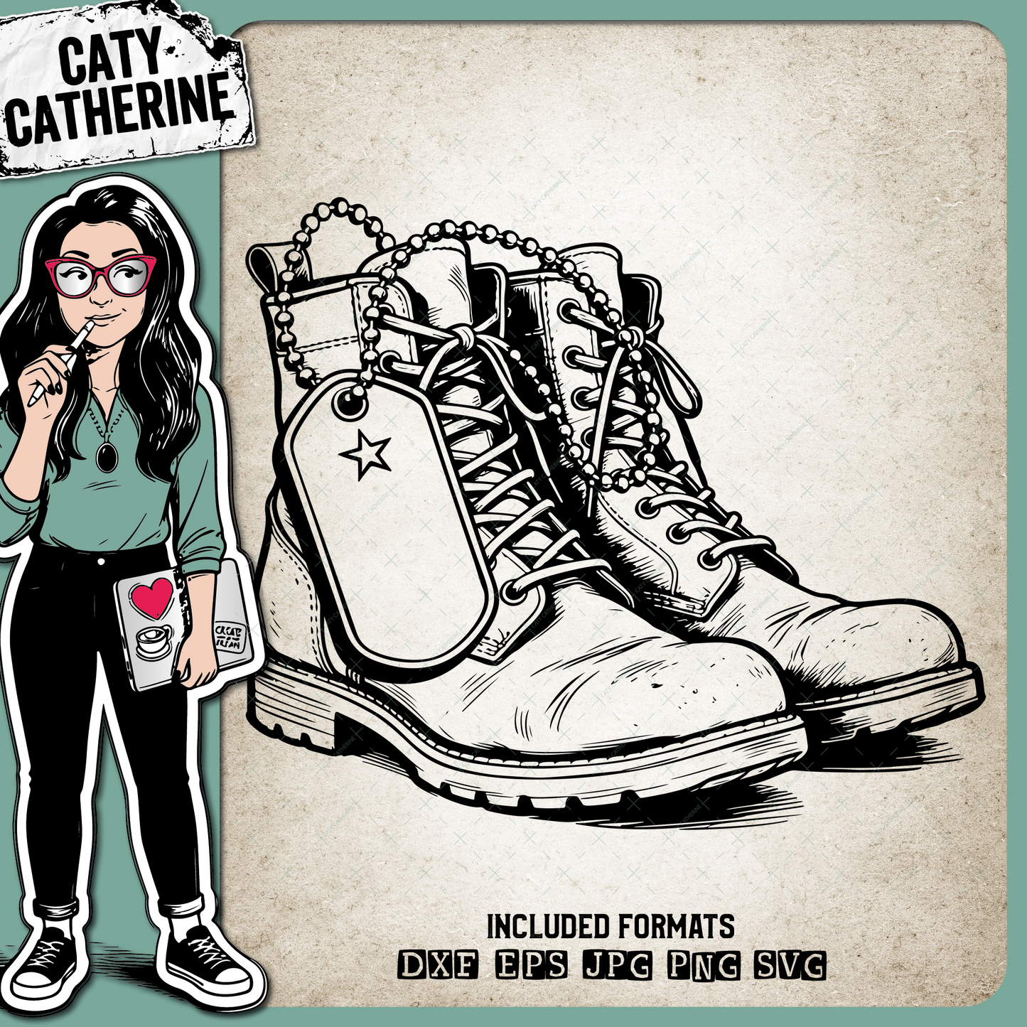 Military Boots with Dog Tags and Star – Remembrance SVG Design by Caty Catherine