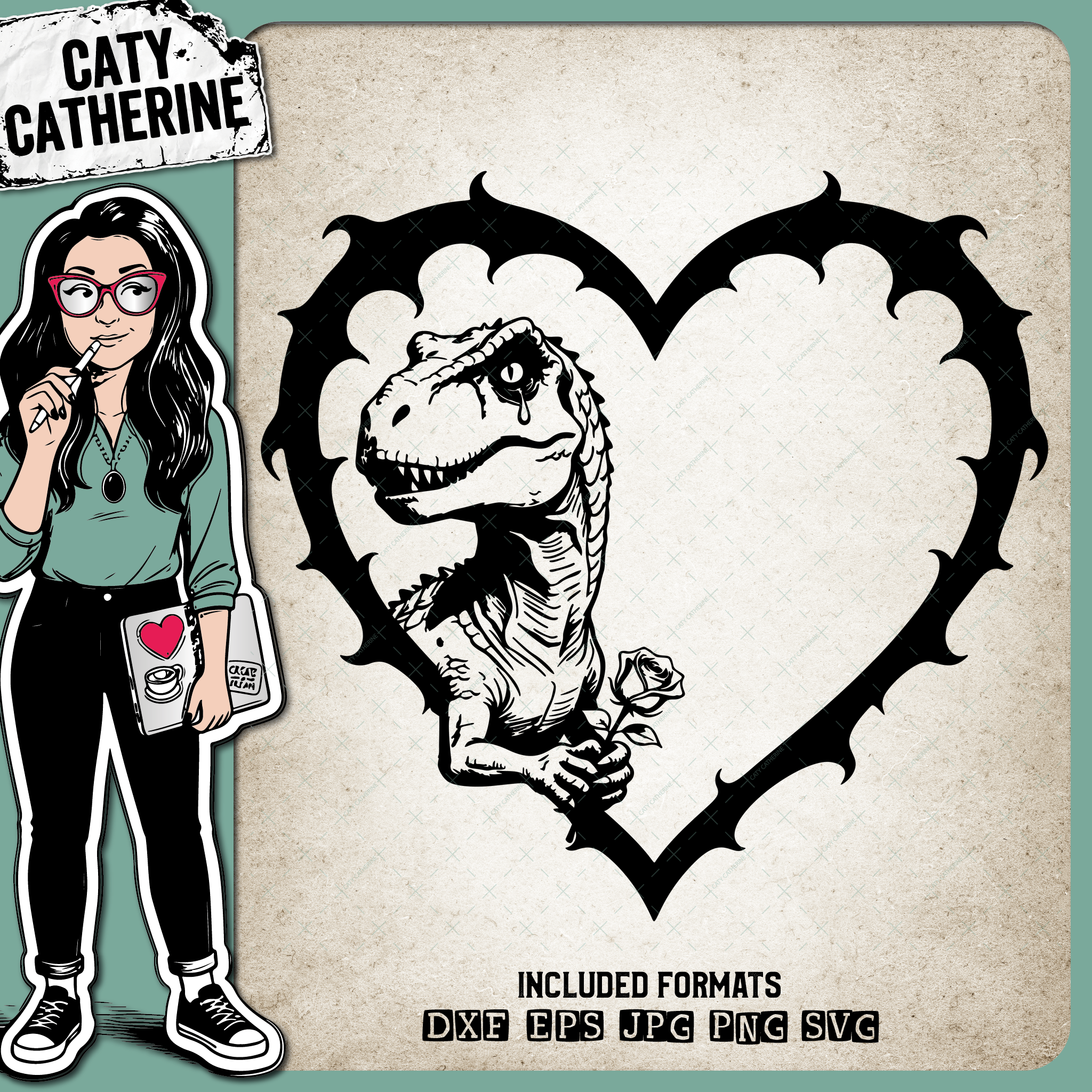 Tyrannosaurus Rex Dinosaur holding Rose Love Heart – Valentine’s Day SVG Design by Caty Catherine