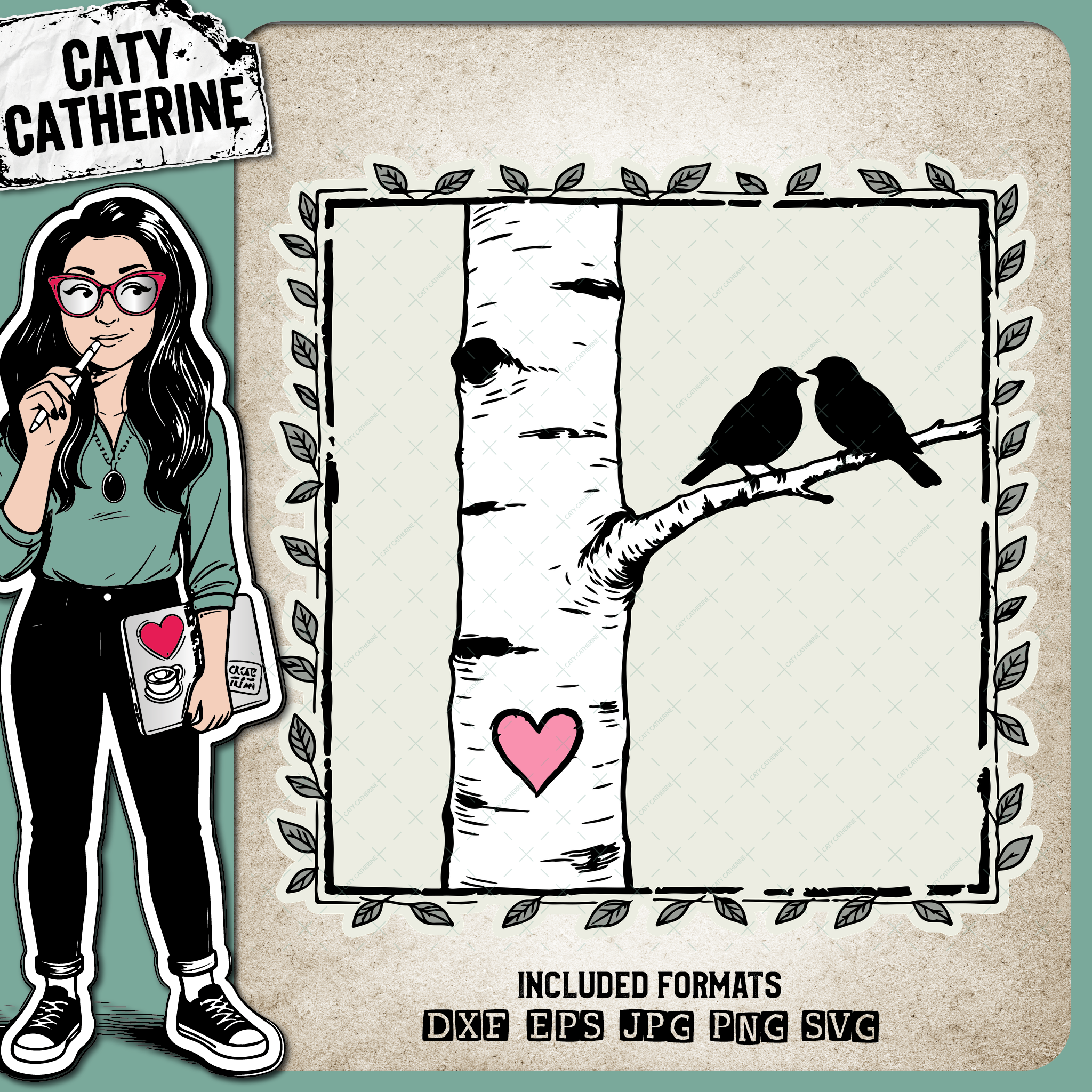 Birch Tree Frame with Two Birds – Valentine’s Day SVG Design by Caty Catherine