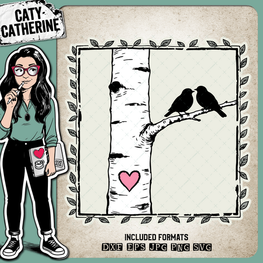 Birch Tree Frame with Two Birds – Valentine’s Day SVG Design by Caty Catherine