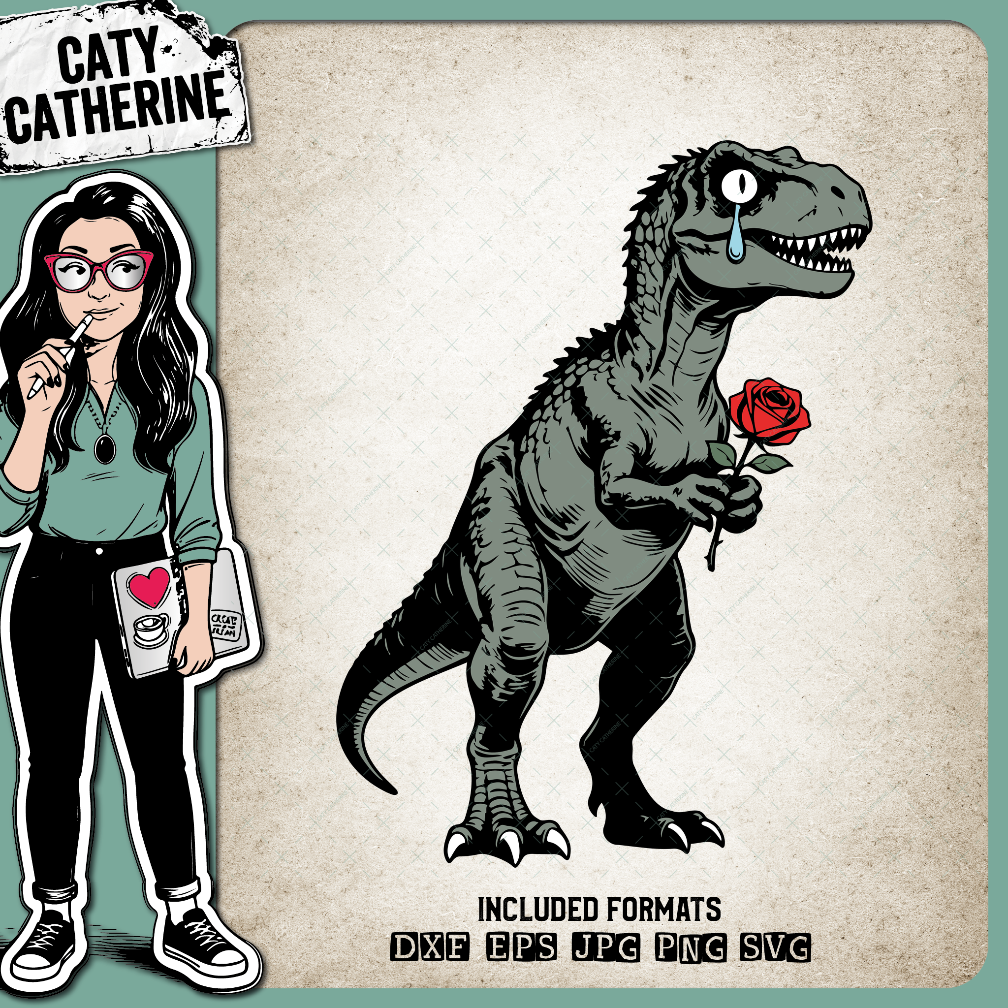 Dinosaure Tyrannosaurus Rex with Rose – Valentine’s Day SVG Design by Caty Catherine