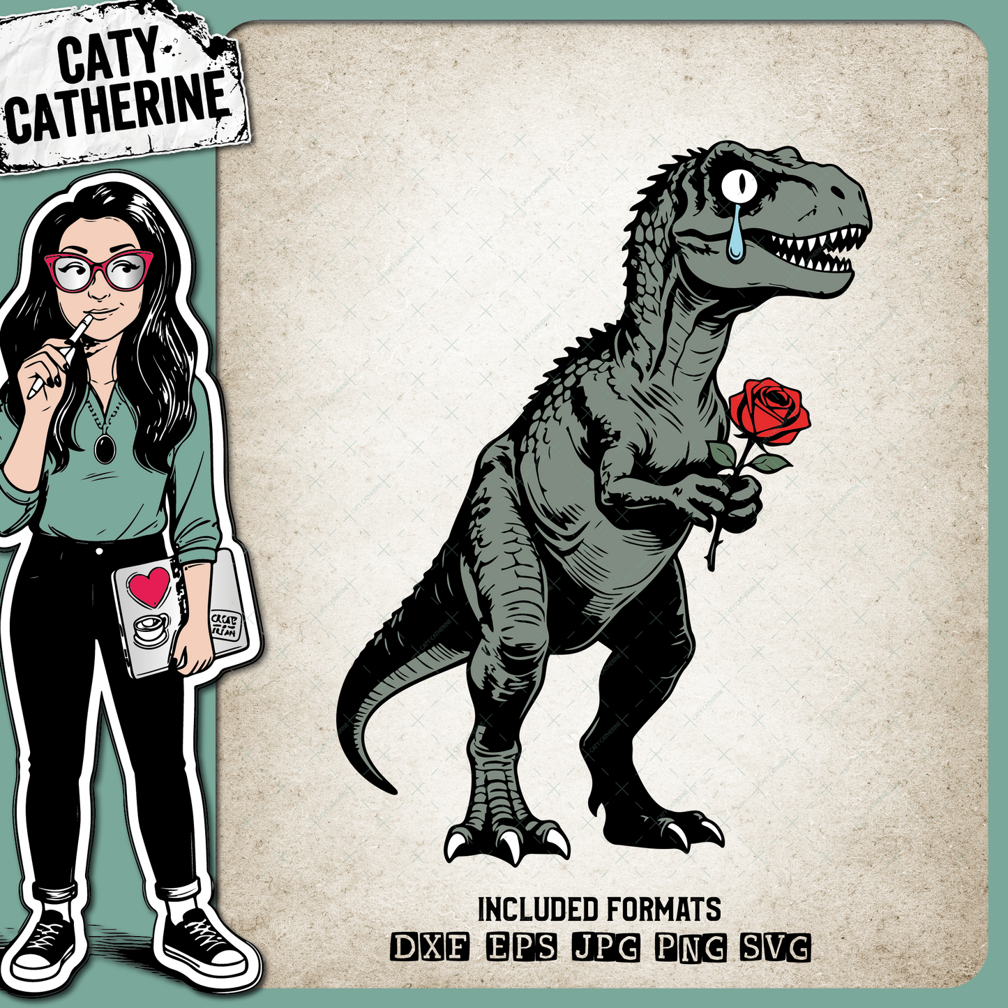 Dinosaure Tyrannosaurus Rex with Rose – Valentine’s Day SVG Design by Caty Catherine