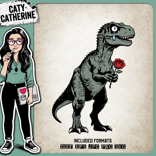 Dinosaure Tyrannosaurus Rex with Rose – Valentine’s Day SVG Design by Caty Catherine