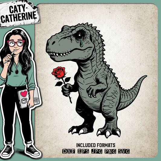 Dinosaure Tyrannosaurus Rex with Rose – Valentine’s Day SVG Design by Caty Catherine