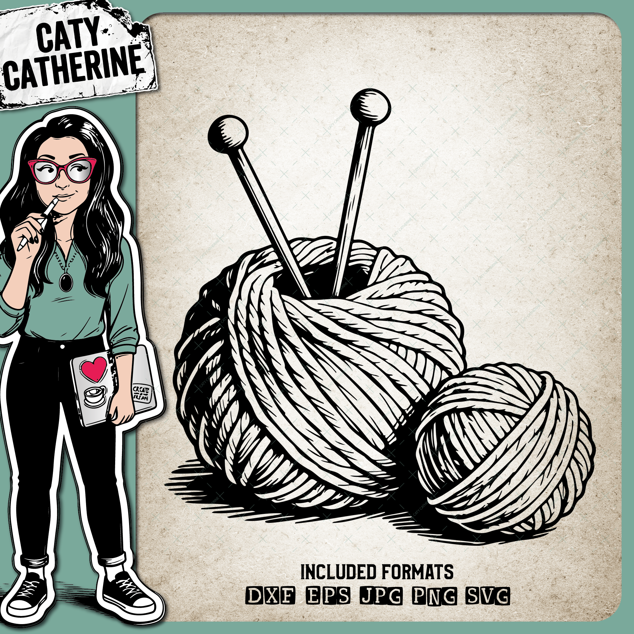 Balls of Wool Yarn with Knitting Needles – Crafting SVG Design by Caty Catherine