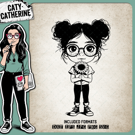 Young Girl Messy Buns Glasses Sunflower Freckles – Babies & Kids SVG Design by Caty Catherine