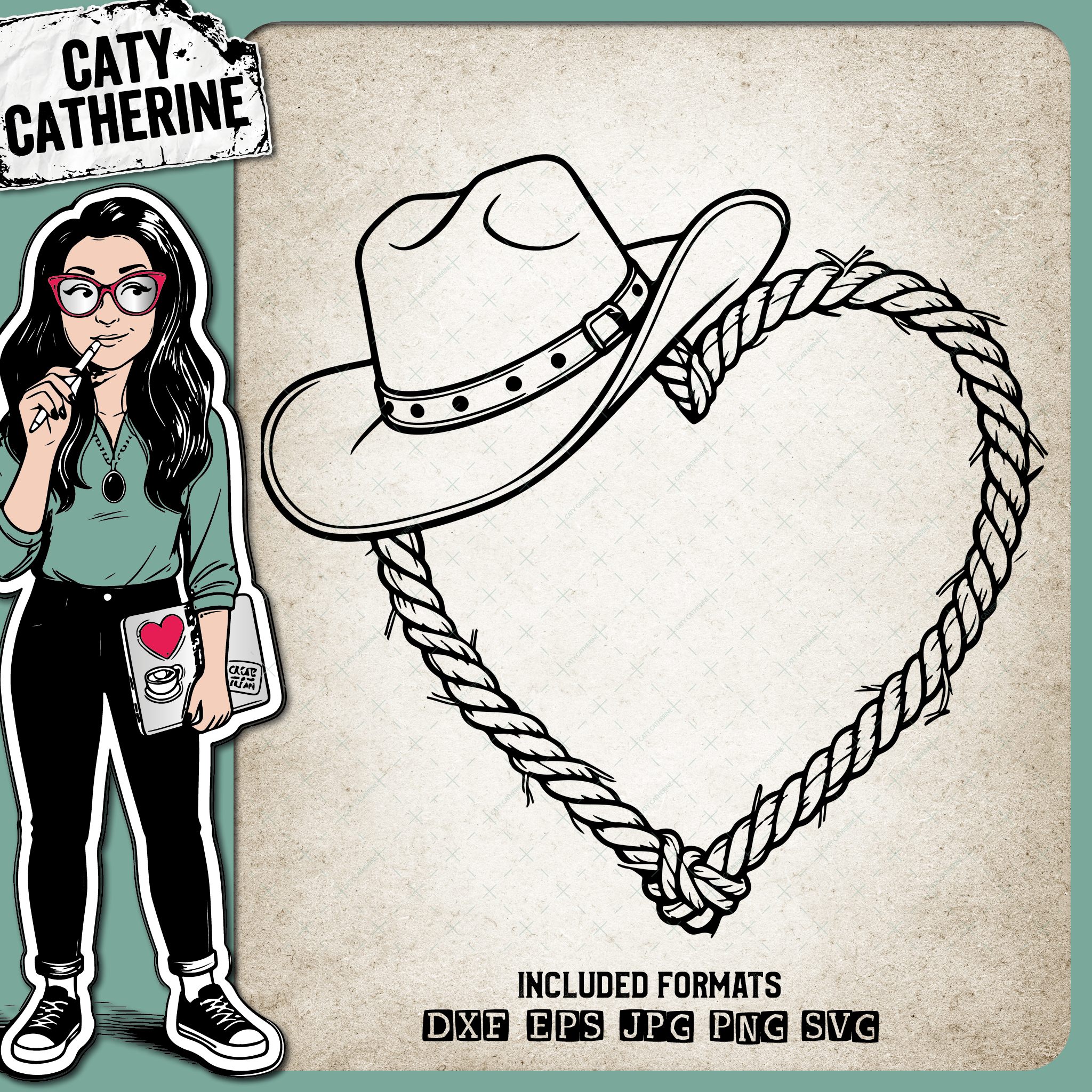 Old Rope Love Heart with Cowboy Hat – Western SVG Design by Caty Catherine