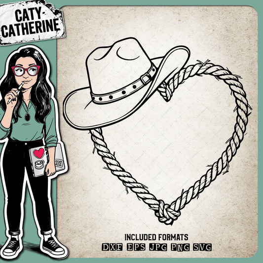 Old Rope Love Heart with Cowboy Hat – Western SVG Design by Caty Catherine