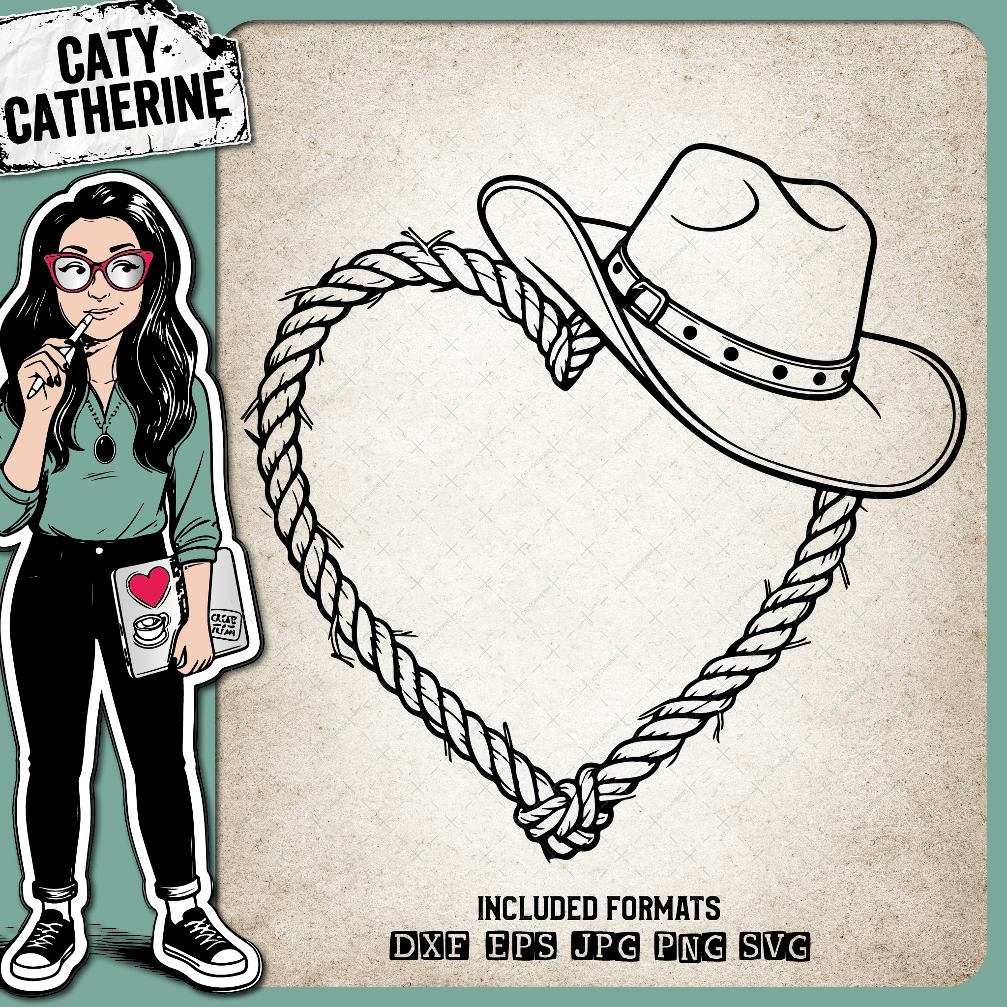 Old Rope Love Heart with Cowboy Hat – Western SVG Design by Caty Catherine