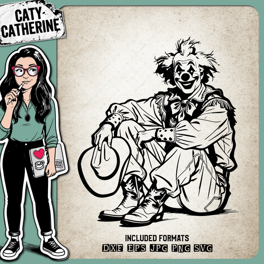 Rodeo Clown Seated Cowboy Hat & Boots – Western SVG Design by Caty Catherine