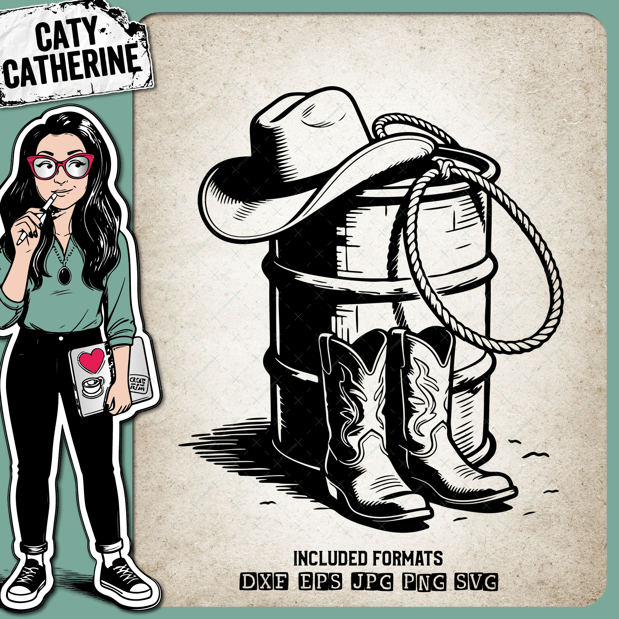 Barrel Racing - Barrel with Rope Lasso Cowboy Boots & Hat – Western SVG Design by Caty Catherine