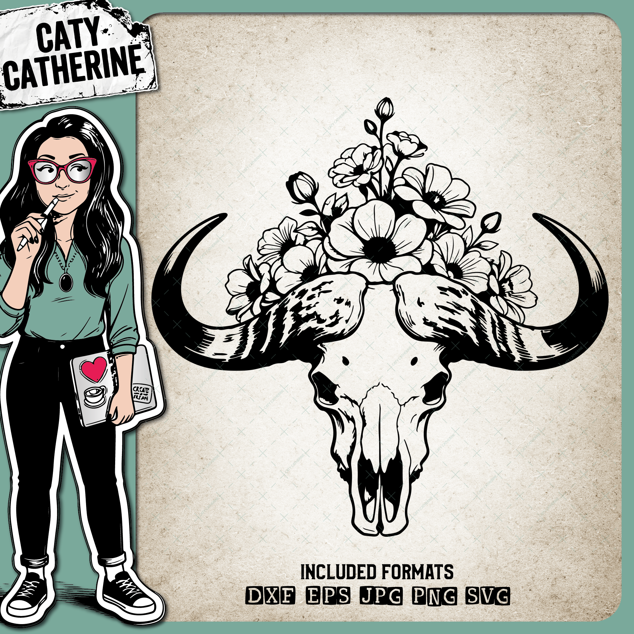 Bison Skull with Flowers – Western SVG Design by Caty Catherine