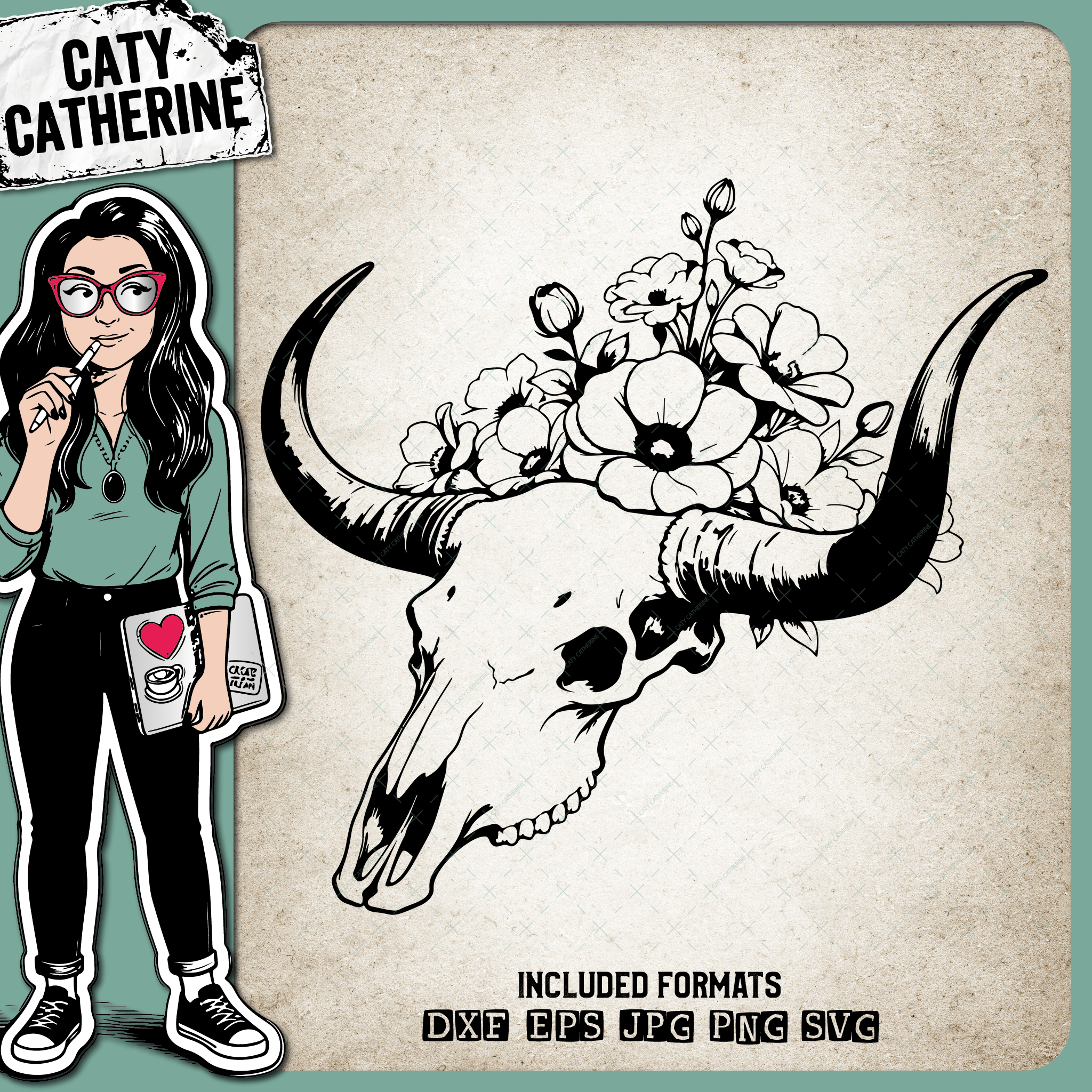 Longhorn Skull with Flowers – Western SVG Design by Caty Catherine