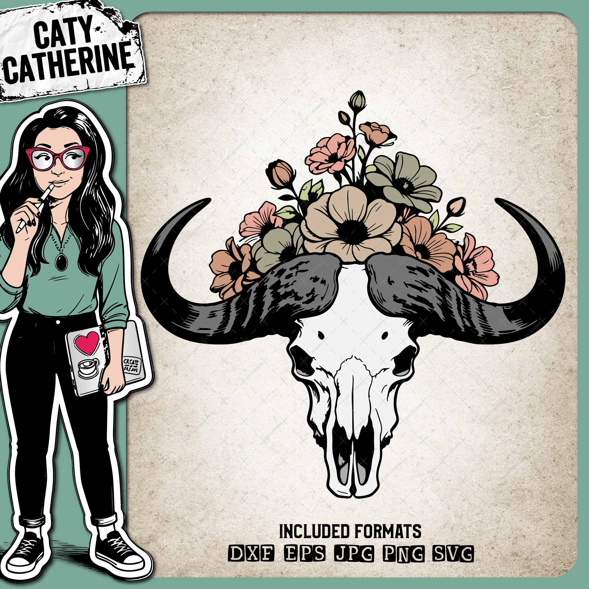 Bison Skull with Flowers – Western SVG Design by Caty Catherine