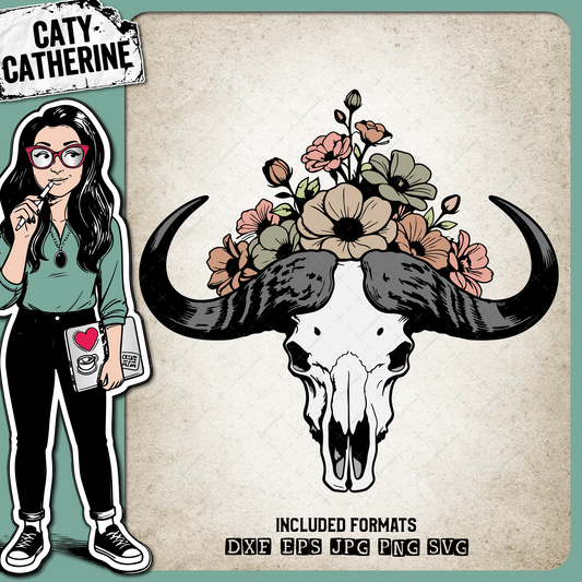 Bison Skull with Flowers – Western SVG Design by Caty Catherine