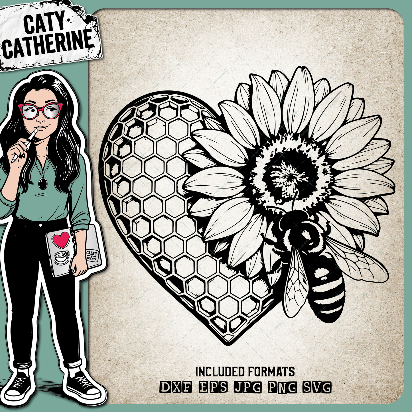 Honeycomb Honey Bee Sunflower Love Heart – SVG Design by Caty Catherine