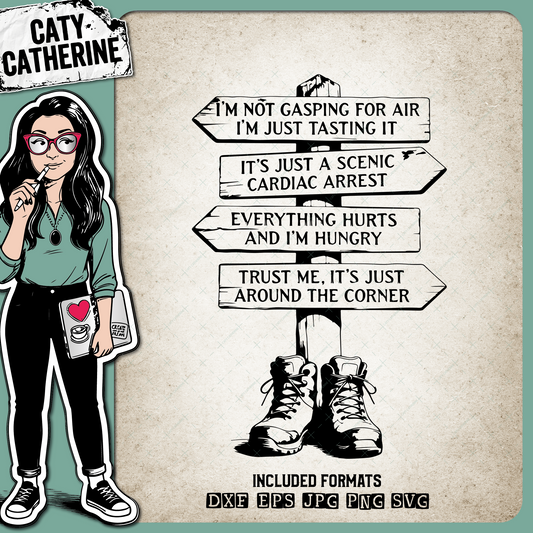 Funny Hiking Quotes Fingerpost Wooden SignPost with Hiking Boots – Outdoors SVG Design by Caty Catherine