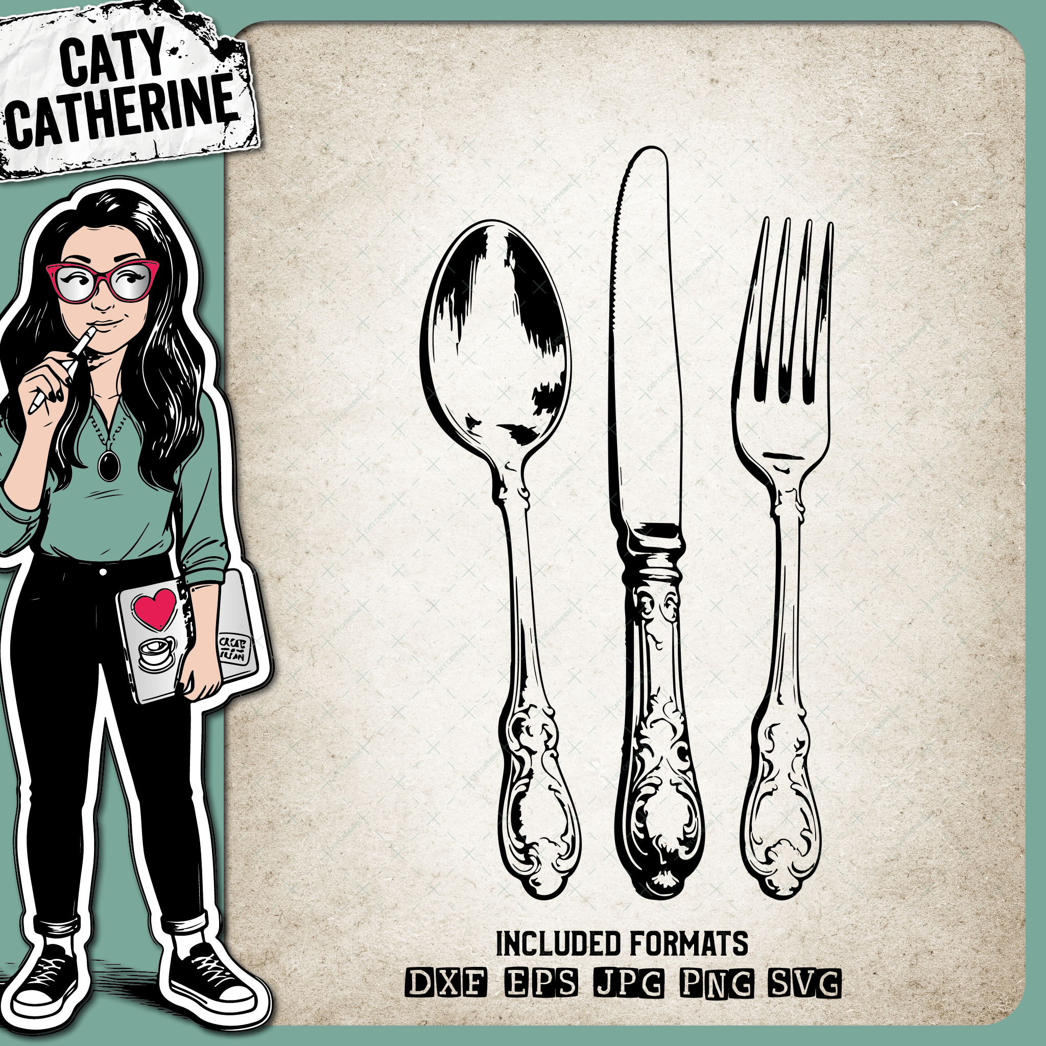 Ornate Cutlery Set Knife Fork Spoon – Food & Drink SVG Design by Caty Catherine