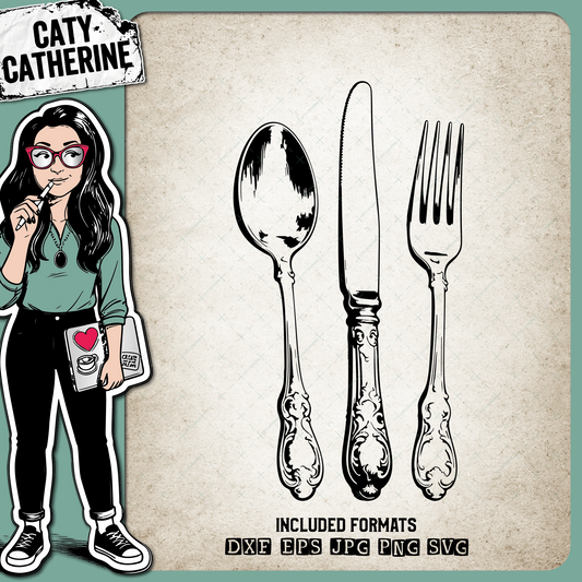 Ornate Cutlery Set Knife Fork Spoon – Food & Drink SVG Design by Caty Catherine