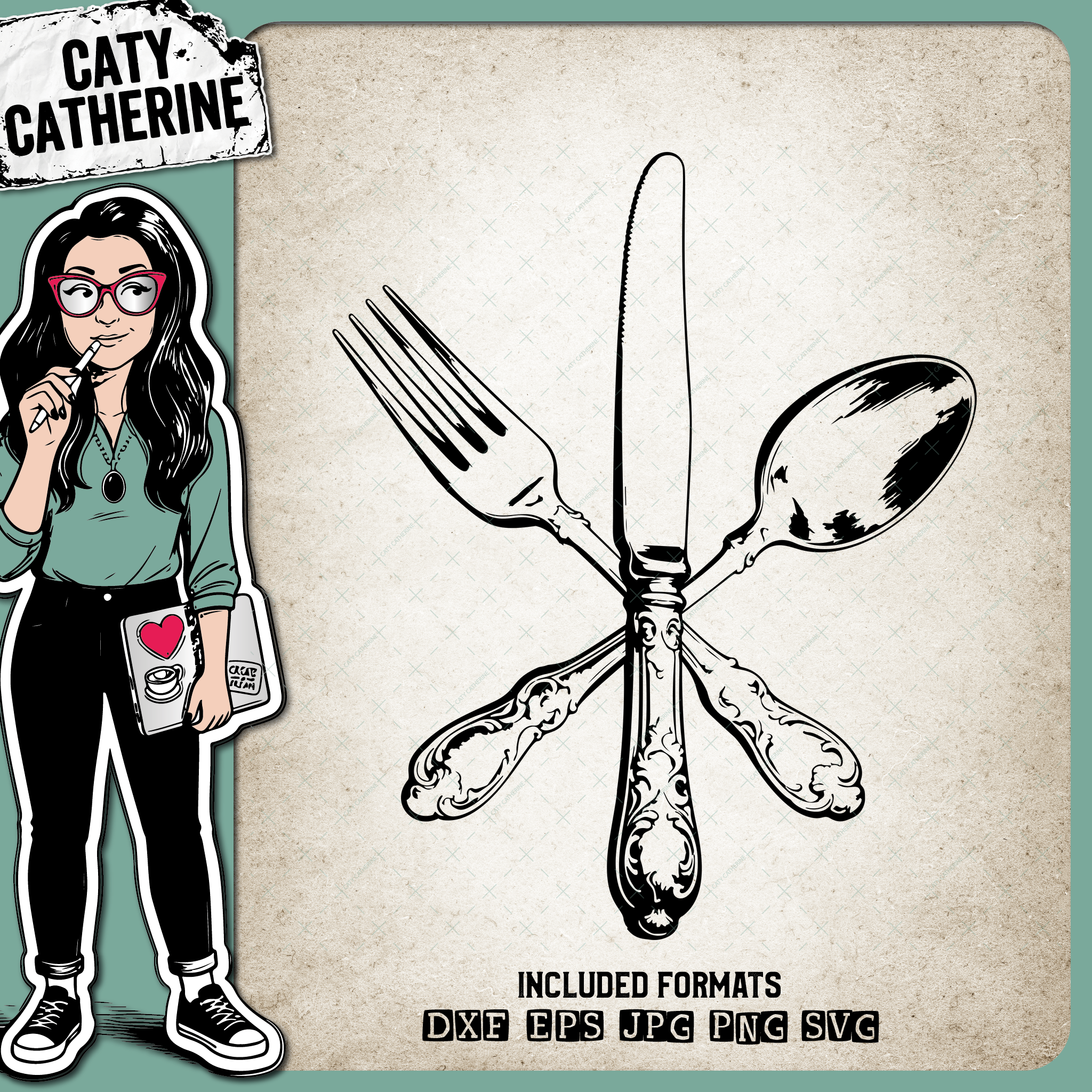 Ornate Cutlery Set Knife Fork Spoon – Food & Drink SVG Design by Caty Catherine