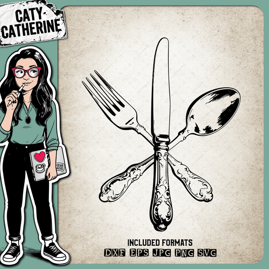 Ornate Cutlery Set Knife Fork Spoon – Food & Drink SVG Design by Caty Catherine