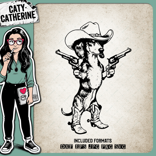 Westeren Dachsund Dog with Pistols, Cowboy Hat & Cowboy Boots – Western SVG Design by Caty Catherine