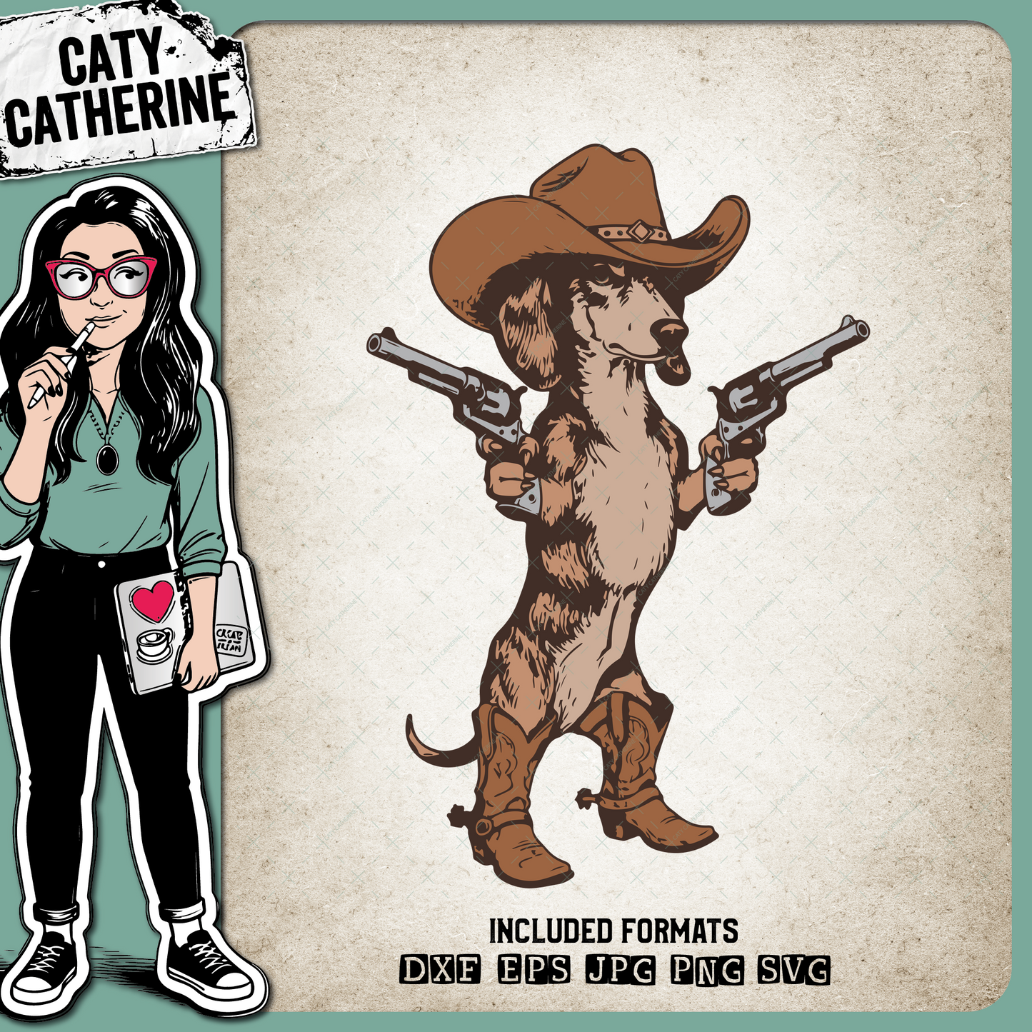 Westeren Dachsund Dog with Pistols, Cowboy Hat & Cowboy Boots – Western SVG Design by Caty Catherine