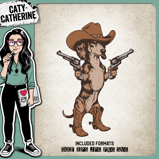 Westeren Dachsund Dog with Pistols, Cowboy Hat & Cowboy Boots – Western SVG Design by Caty Catherine