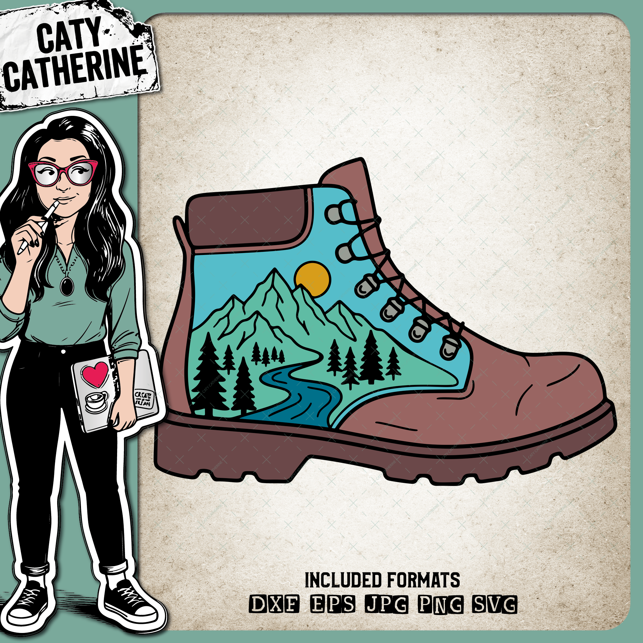 Hiking Boot With Mountain Scenery Landscape – Outdoors SVG Design by Caty Catherine