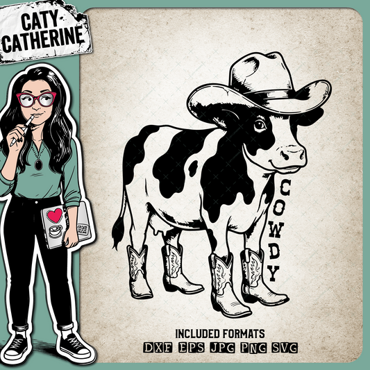 Cow wearing Cowboy Hat & Cowboy Boots COWDY – Western SVG Design by Caty Catherine