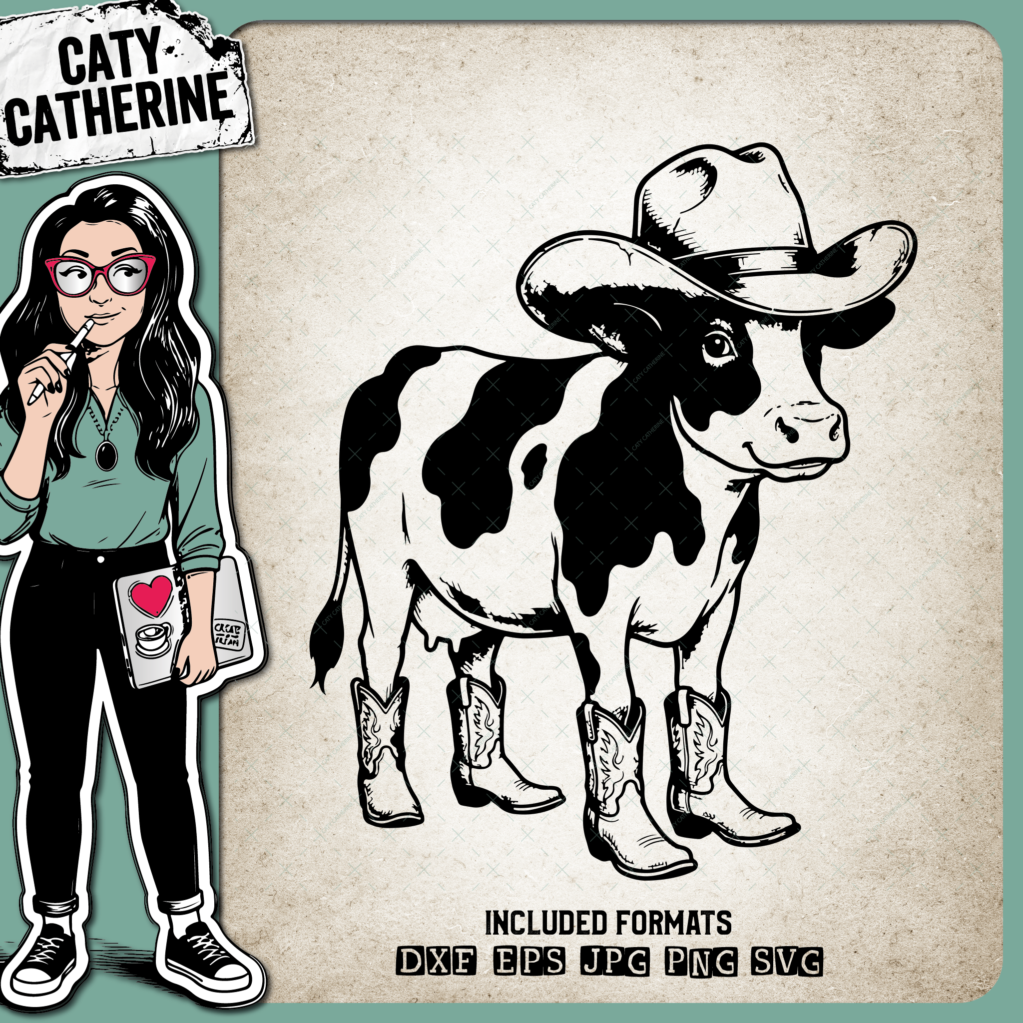 Cow wearing Cowboy Hat & Cowboy Boots – Western SVG Design by Caty Catherine