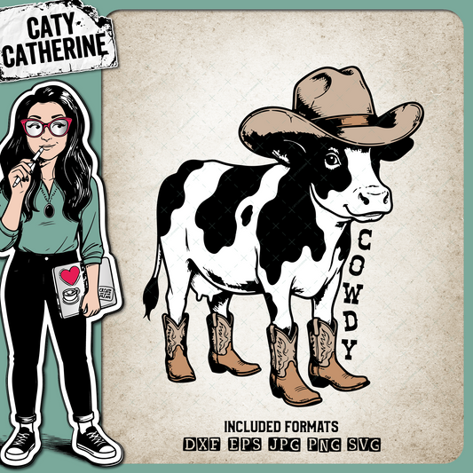 Cow wearing Cowboy Hat & Cowboy Boots COWDY – Western SVG Design by Caty Catherine