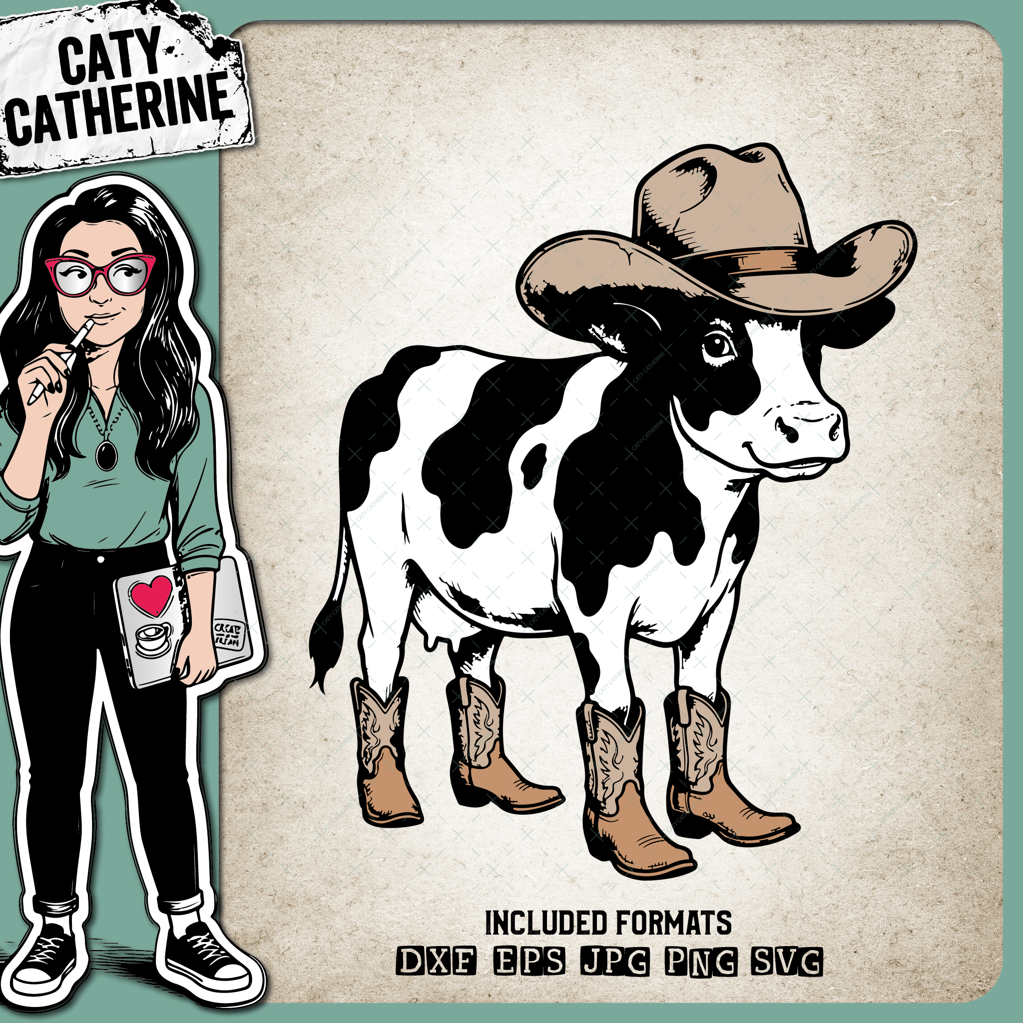 Cow wearing Cowboy Hat & Cowboy Boots – Western SVG Design by Caty Catherine