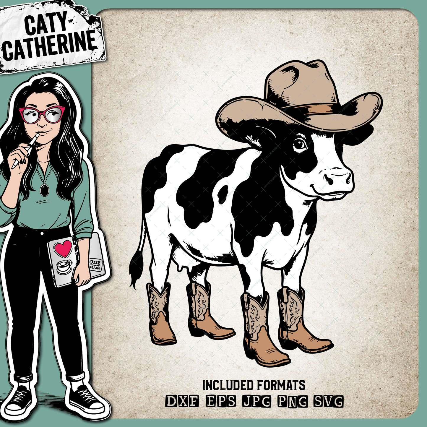 Cow wearing Cowboy Hat & Cowboy Boots – Western SVG Design by Caty Catherine