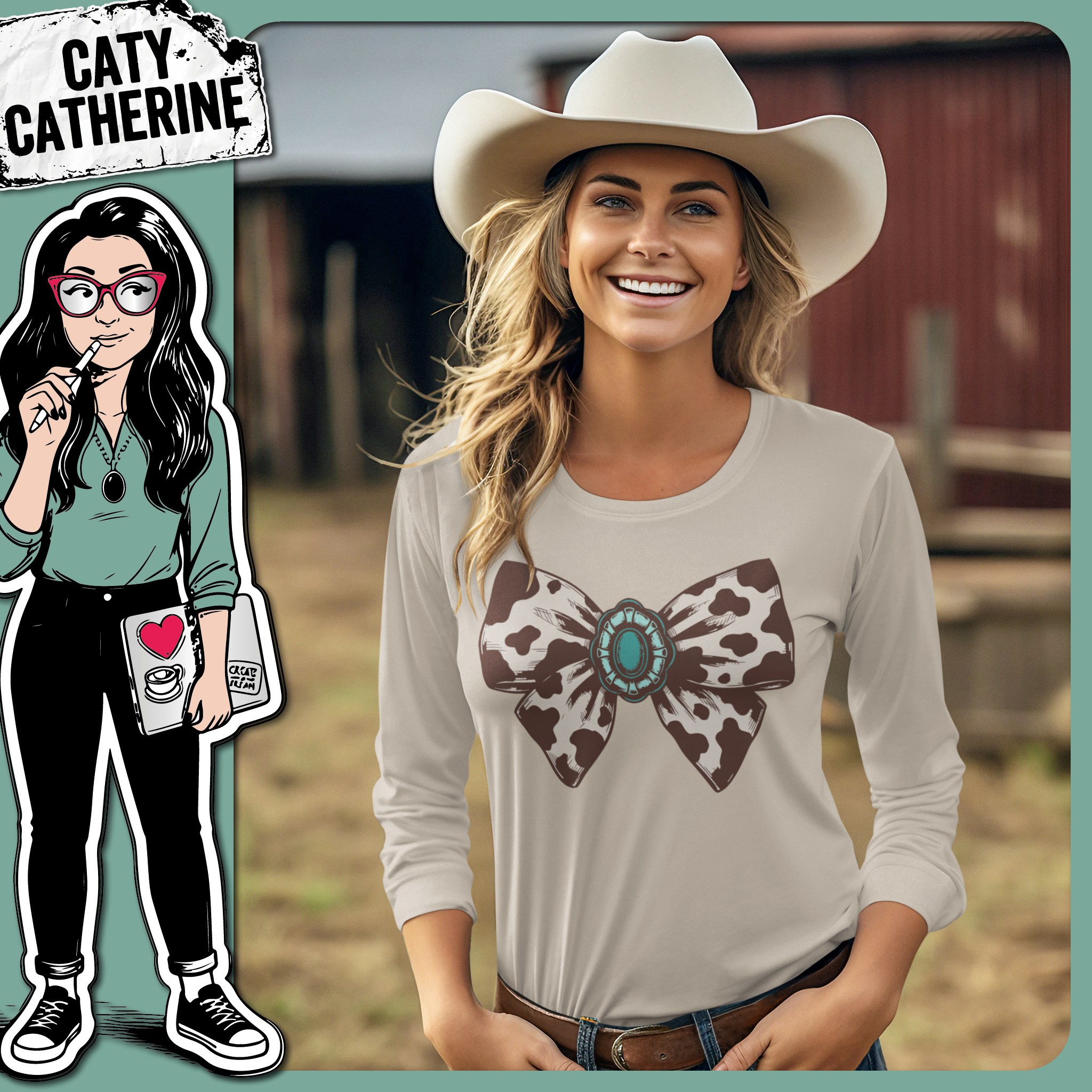 Cow Print Bow with Western Turquoise Jewellery – Western SVG Design by Caty Catherine