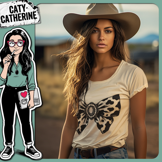 Cow Print Bow with Western Turquoise Jewellery – Western SVG Design by Caty Catherine
