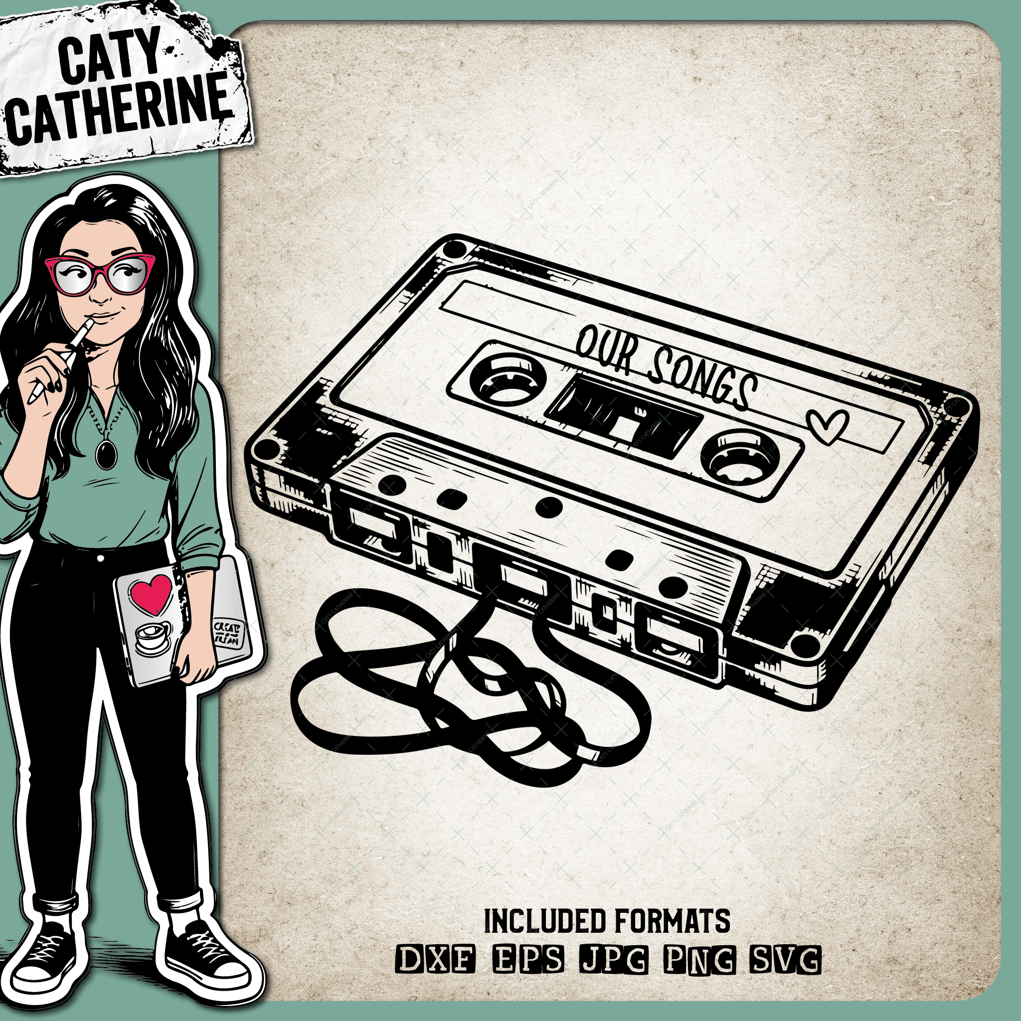 Retro Music Casette Mix Tape Our Songs with Love Heart – Valentine’s Day SVG Design by Caty Catherine