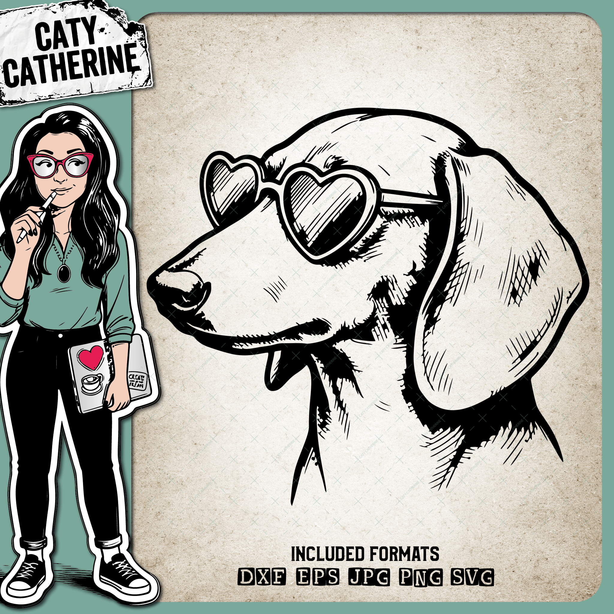 Dachsund Dog Head Wearing Love Heart Sunglasses – Pets & Animals SVG Design by Caty Catherine